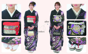 【豊橋・豊川】ママ振袖を最新コーディネート！小物合わせ・なんでも相談会開催！|ママ振袖小物コーディネートビフォーアフター|まきやす・衣裳(ふりそで・袴・ウェディングなど)のレンタル(豊川・豊橋・岡崎）